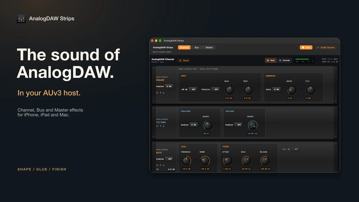 AnalogDAW Strips: the sound of AnalogDAW in your AUv3 host, with the Channel rack on Mac.
