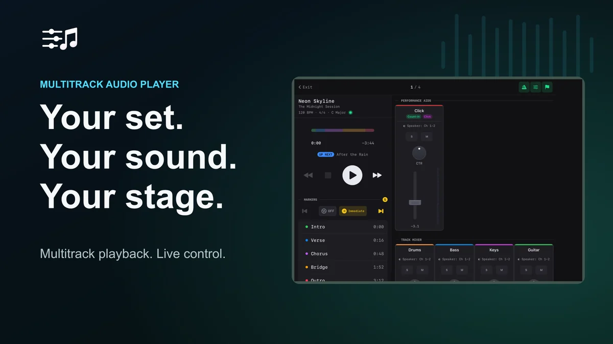Multitrack Audio Player: Your set. Your sound. Your stage. Performance View with song markers, playback controls, and a track mixer