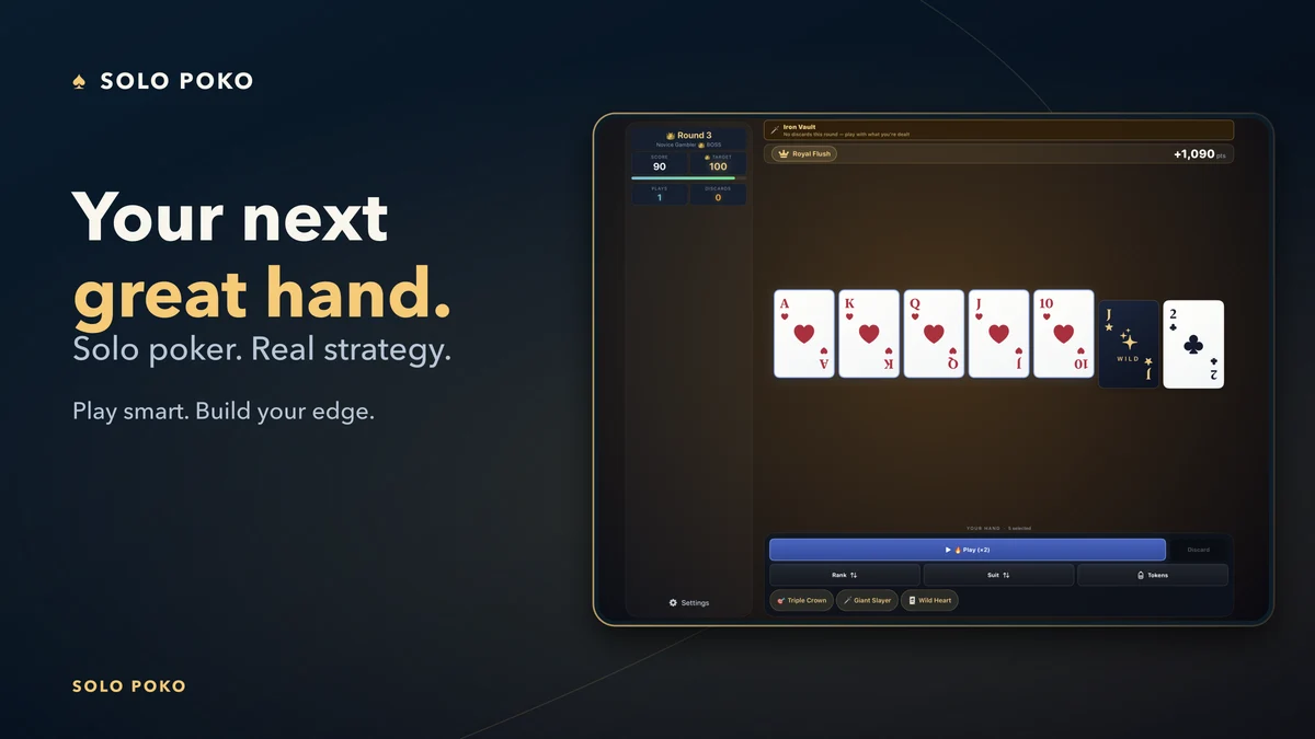 Solo Poko: a solo poker strategy game, showing a Royal Flush in a boss round